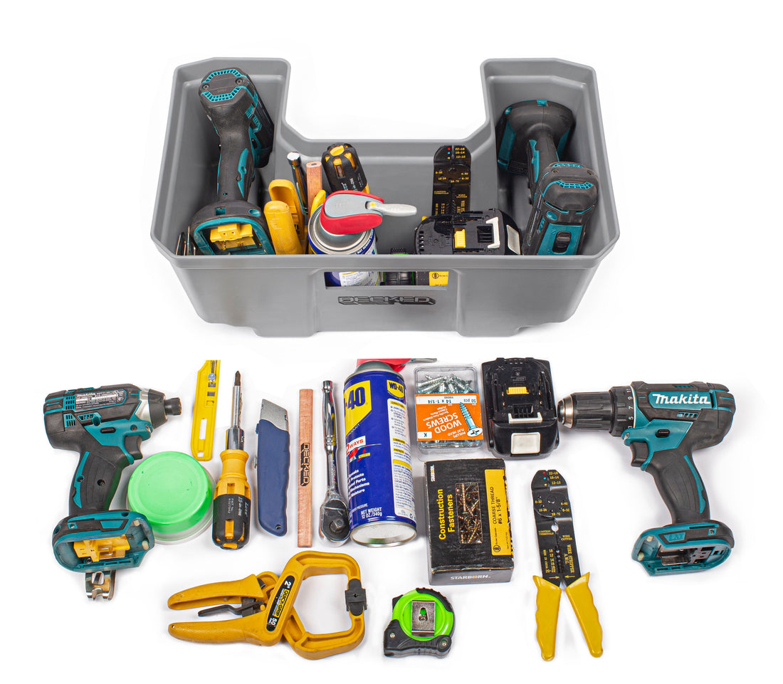 Various tools being stored inside and outside DECKED Drawganizer